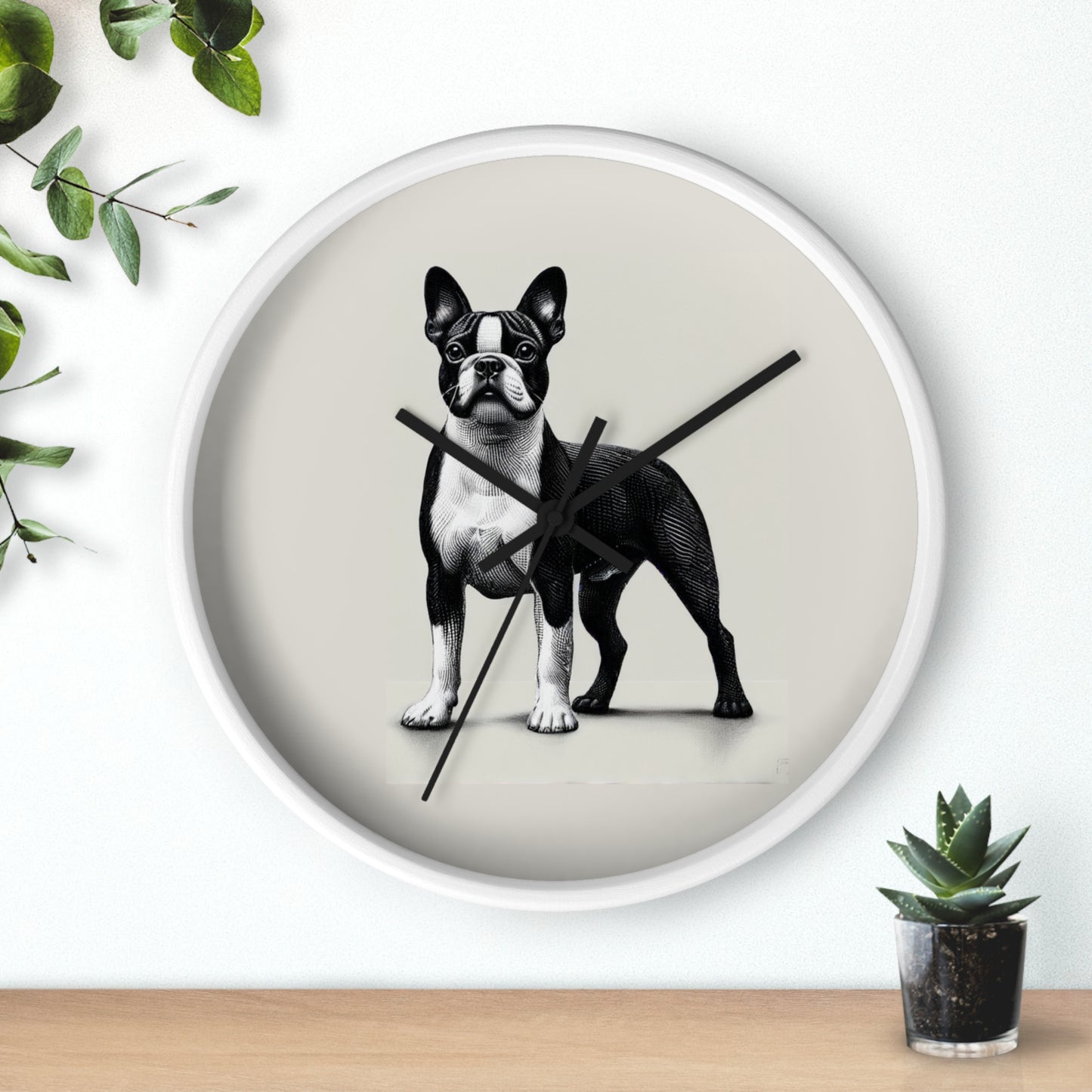 Round Wood Frame Wall Clock, Boston Terrier