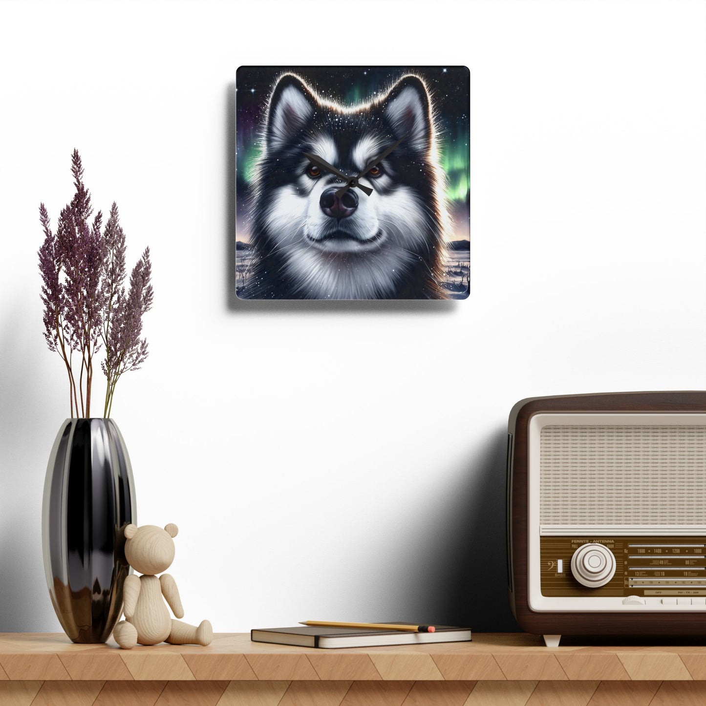 Acrylic Wall Clock, Alaskan Malamute, alcohol ink head study in black