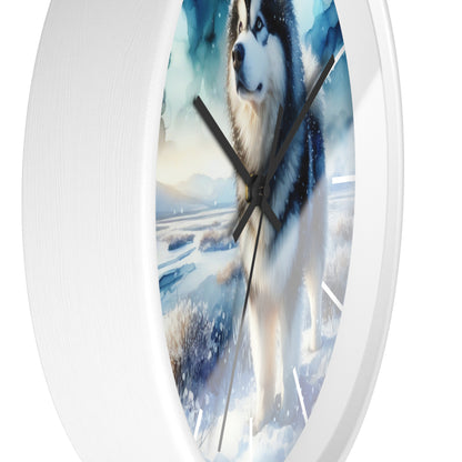 Wall Clock, Alaskan Malamute, Arctic scene in alcohol ink style art #1