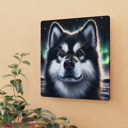 Acrylic Wall Clock, Alaskan Malamute, alcohol ink head study in black